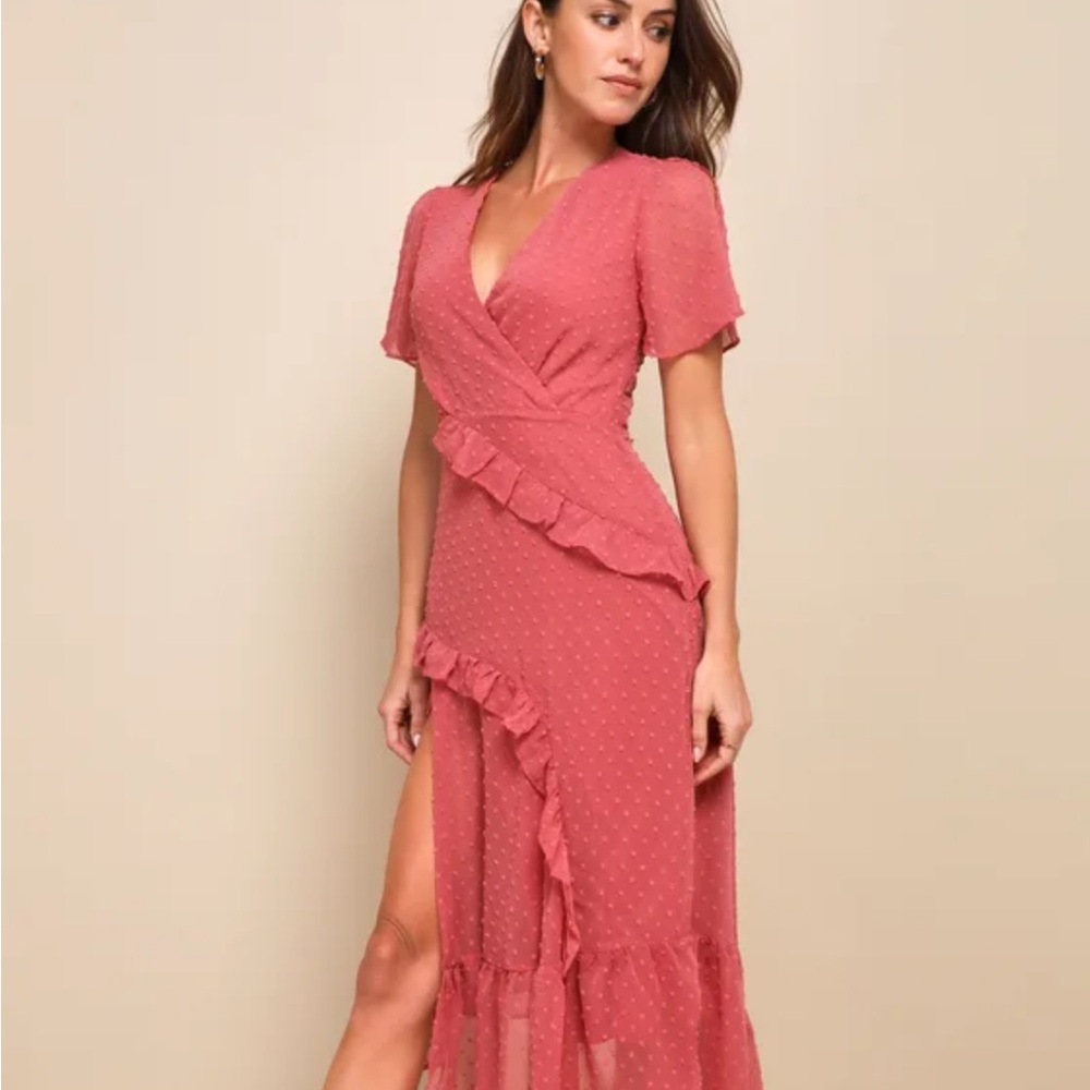Lulu's Dusty Rose Asymmetrical Ruffle Dress V-neck flutter sleeves Swiss dots SM
